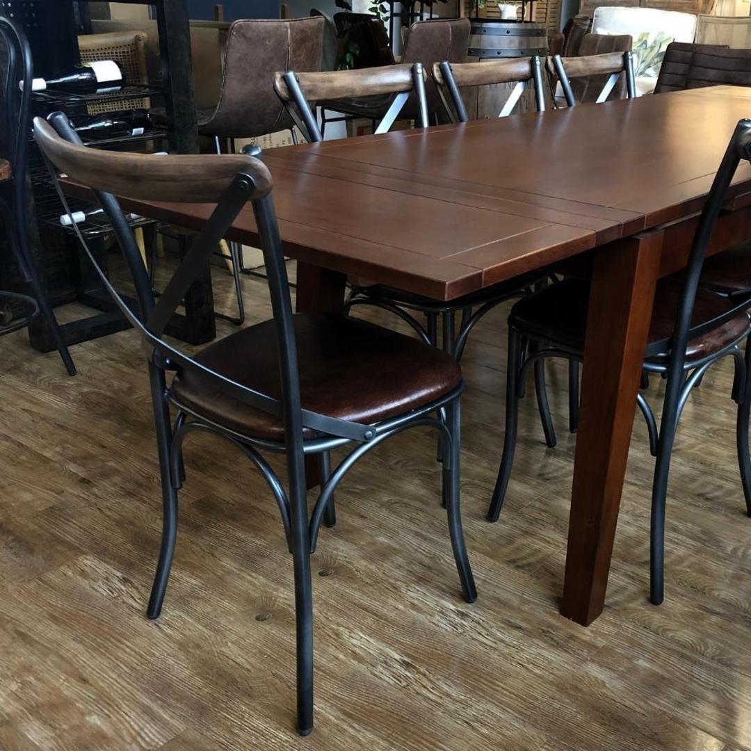 Oak Double End Extension Table Royal Oak + 8 Steel Cross Back Leather Seat Dining Chairs Set image 0
